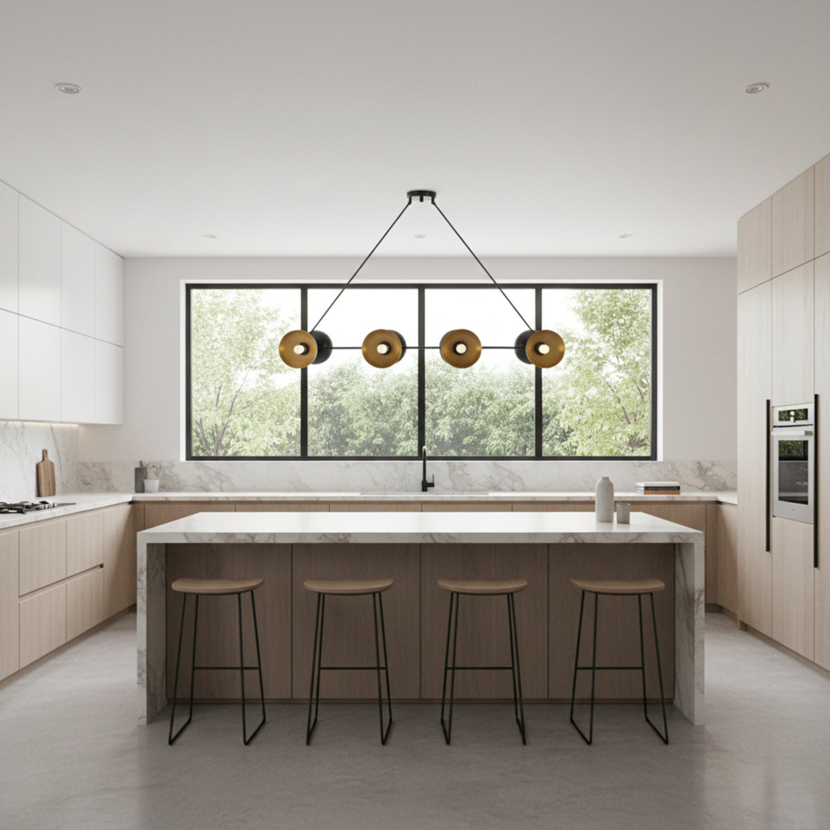 Milan 8 light linear chandelier with black double cone shades and warm brass interiors