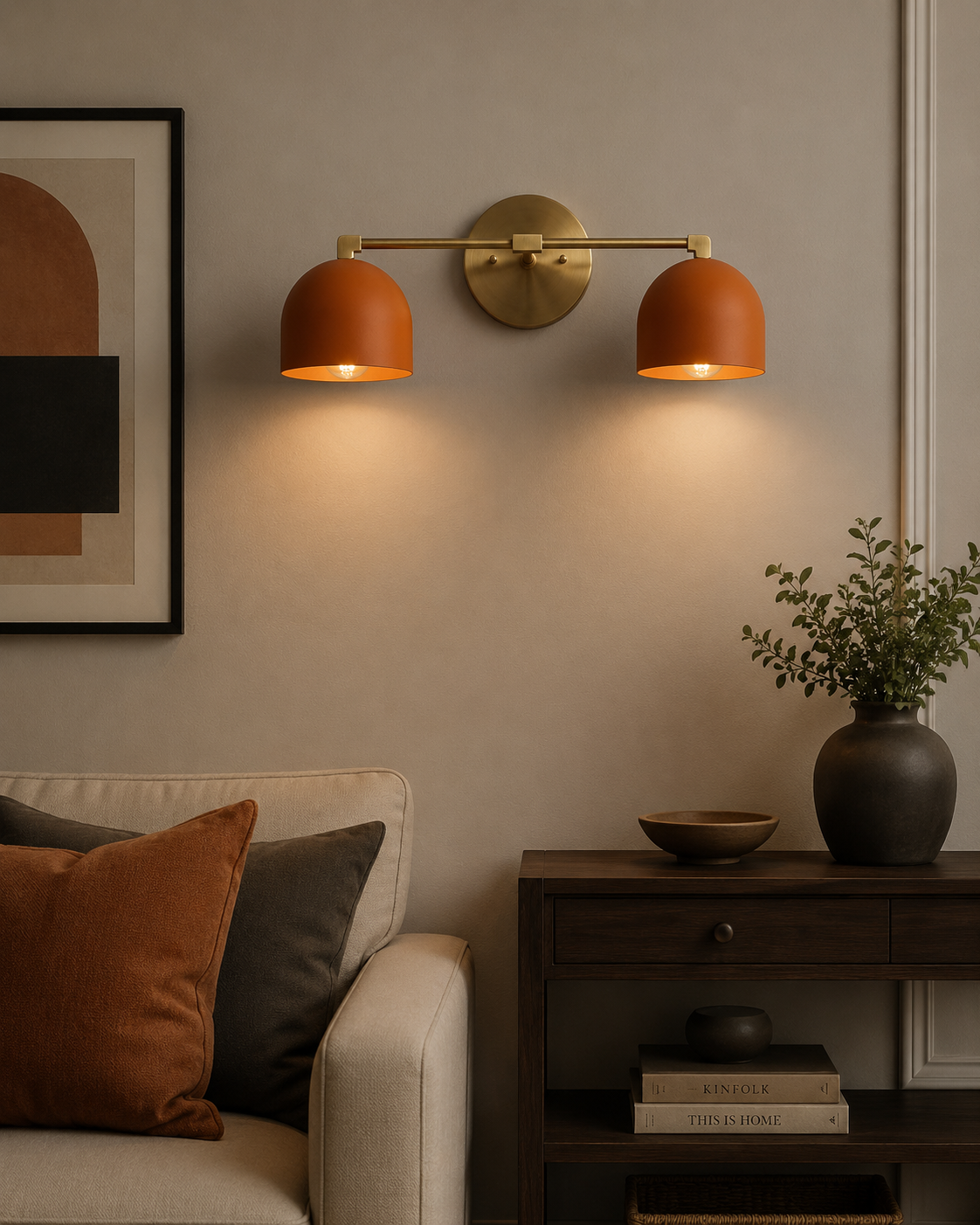 Milan Double Dome Wall Sconce with orange shades illuminated in a modern living room, Model 32816