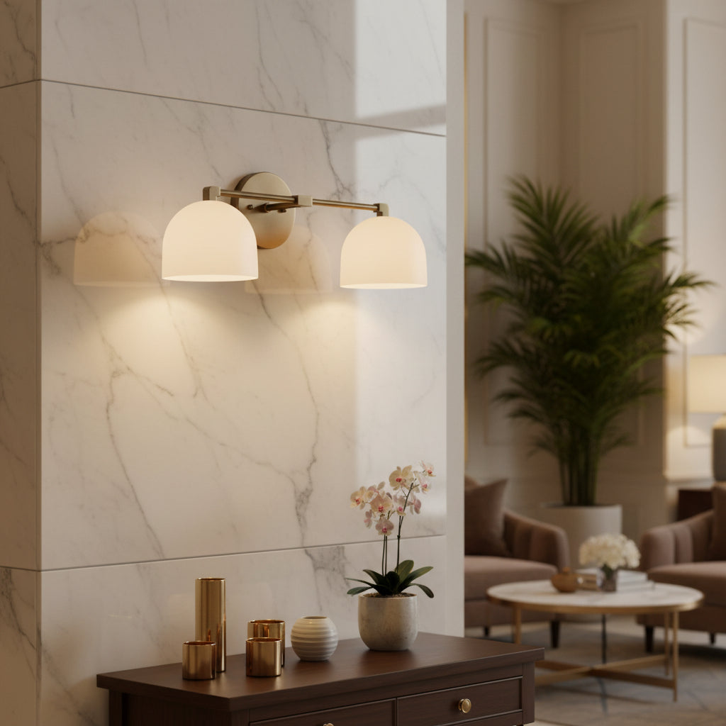 Milan Double Dome Wall Sconce with white dome shades and brass frame, 2 light, Model 32816
