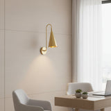 Milan Gooseneck Cone Wall Sconce with tapered brass shade and curved arm, front angled view – Model 32825