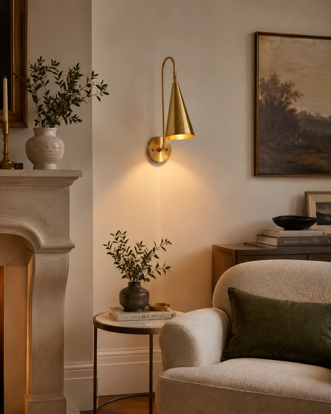 Milan Gooseneck Cone Wall Sconce in brass finish displayed in an elegant living room – Model 32825
