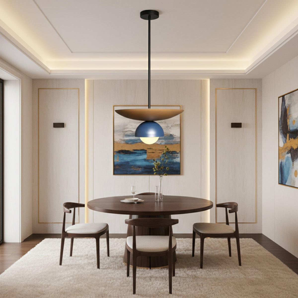 Milan Layered Dome Pendant Chandelier 2 Light 19 Inch with brass bowl and blue dome shade – Model 62039