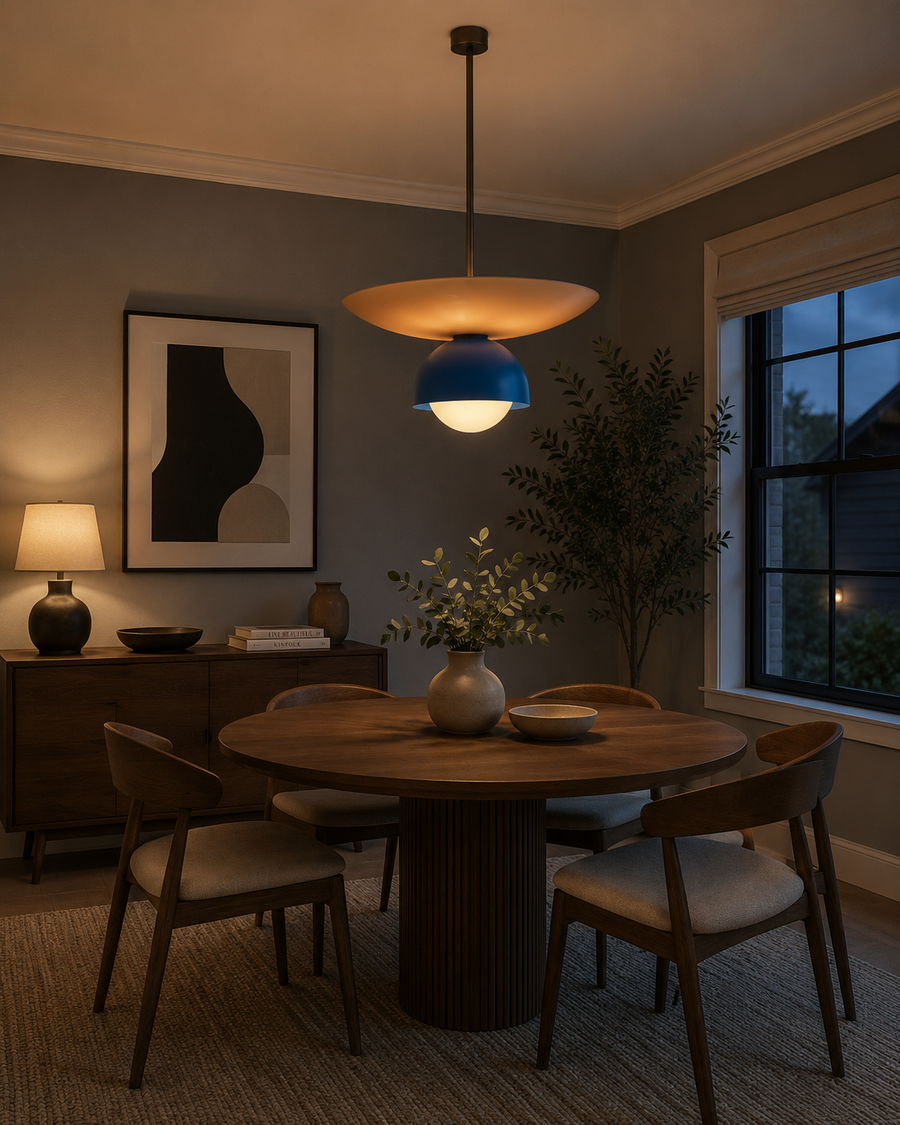 Milan Layered Dome 2 Light Pendant Chandelier illuminated above a modern dining table – lifestyle view