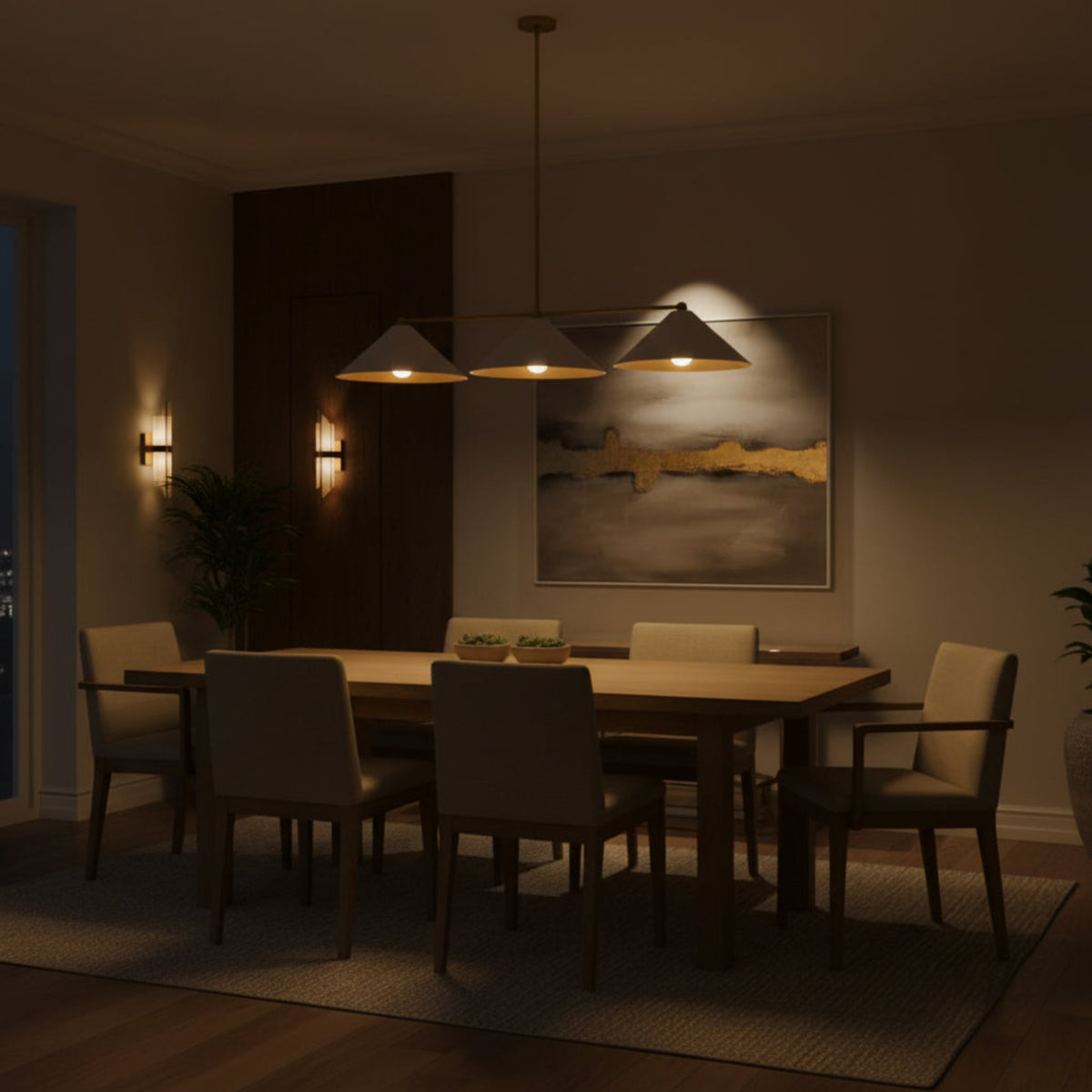 Milan 3 light linear pendant chandelier angled view with white cone shades and brass frame