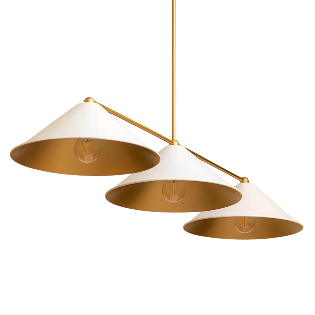 Milan Linear Cone Pendant Chandelier close-up showing three white cone shades with warm brass interiors