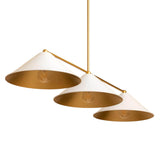 Milan Linear Cone Pendant Chandelier close-up showing three white cone shades with warm brass interiors