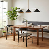 Milan 3 Light Linear Pendant Chandelier with black cone shades and brass frame angled view