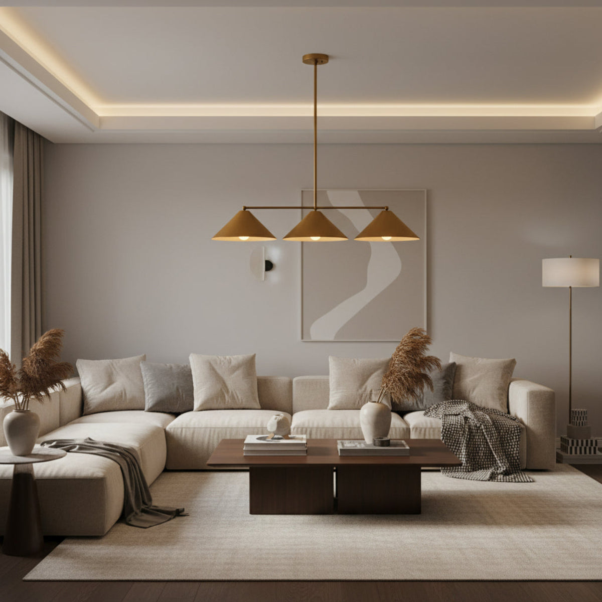 Milan 3 Light Linear Pendant Chandelier with brass cone shades and matching rod suspension