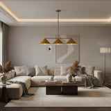 Milan 3 Light Linear Pendant Chandelier with brass cone shades and matching rod suspension
