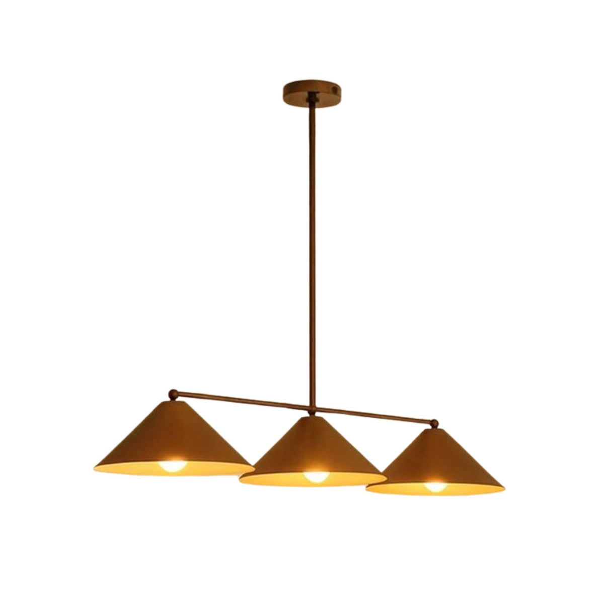 Milan Linear Cone Pendant Chandelier with three brass cone shades illuminated against white background
