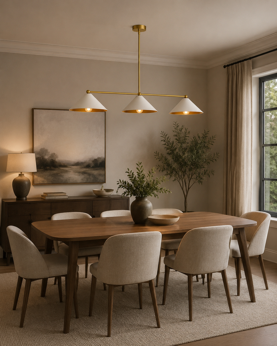 Milan 3 Light Linear Cone Pendant Chandelier with white shades installed above modern dining room table
