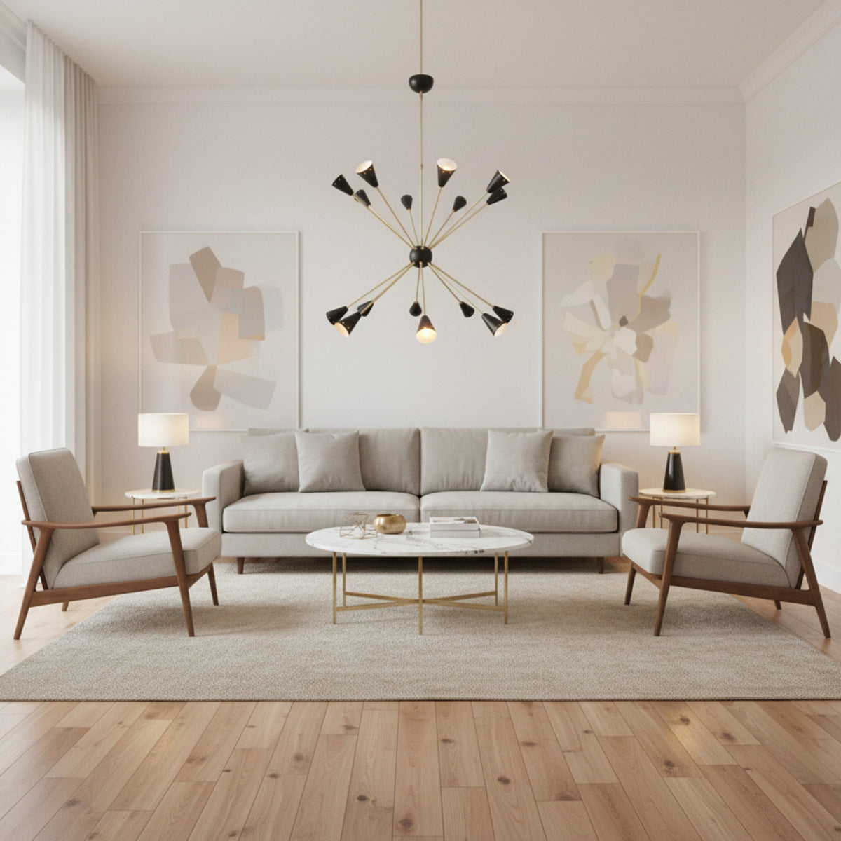 Milan Noir 16 light starburst chandelier featuring sculptural black cone shades and warm brass arms – angled view