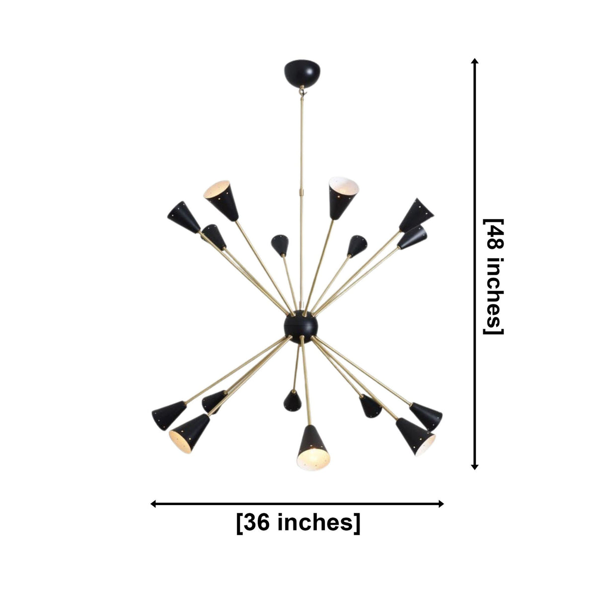 Milan Noir 16 light starburst cone chandelier dimensions – 36 inch width and 48 inch height