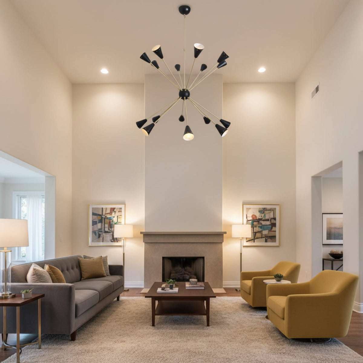 Milan Noir 16 light Mid-Century Modern chandelier with radiating brass arms and black cone shades