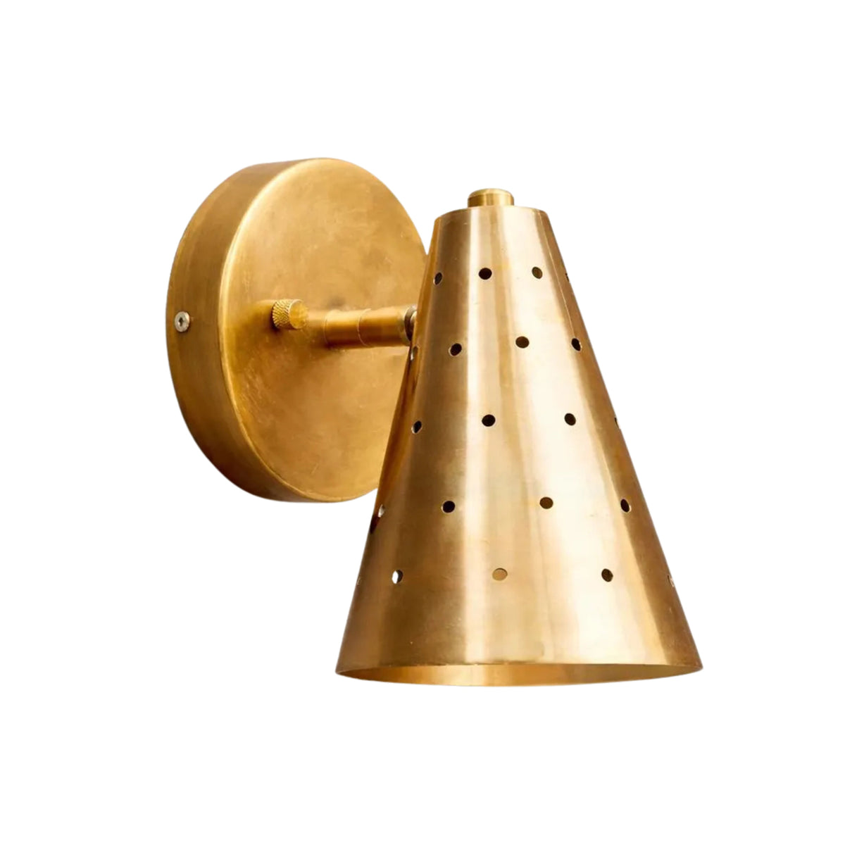 Milan perforated cone wall sconce in brass finish with tapered shade, angled view – Model 32757
