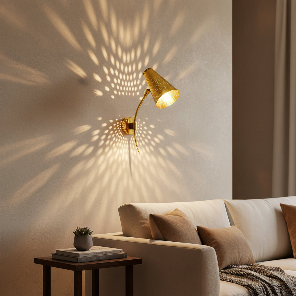 Milan perforated cone wall sconce with curved arm in polished gold finish – Model 32804