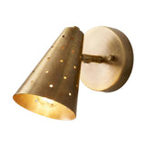 Milan perforated cone wall sconce illuminated in brass finish showing decorative light through shade – Model 32757