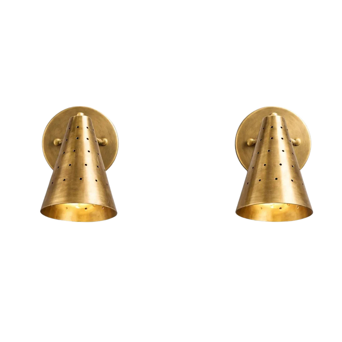 Pair of Milan perforated cone wall sconces in brass finish, front view – Model 32757