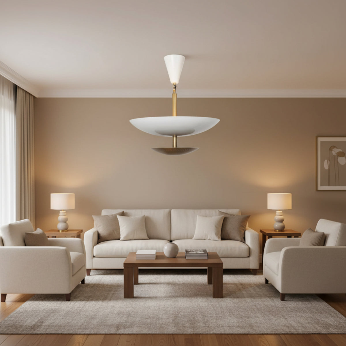 Milan 5 light chandelier front view with white bowl reflector and warm brass perforated lower disc