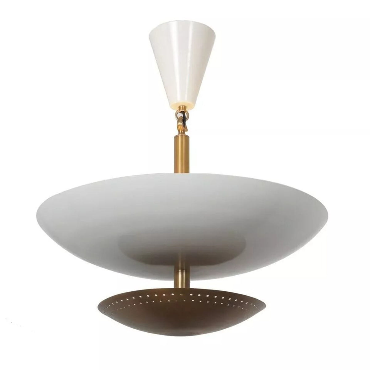 Close-up of Milan chandelier with white bowl shade and perforated warm brass lower disc