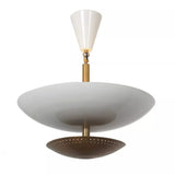 Close-up of Milan chandelier with white bowl shade and perforated warm brass lower disc