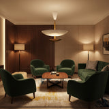 Milan 5 light ceiling chandelier featuring wide white bowl and perforated brass lower reflector