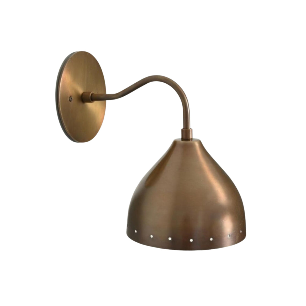 Milan perforated dome wall sconce with curved arm and round canopy, angled view – Model 32749