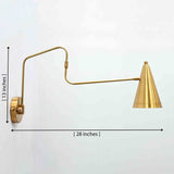 Milan raw brass swing arm wall sconce with solid brass body, long movable arm, and cone shade