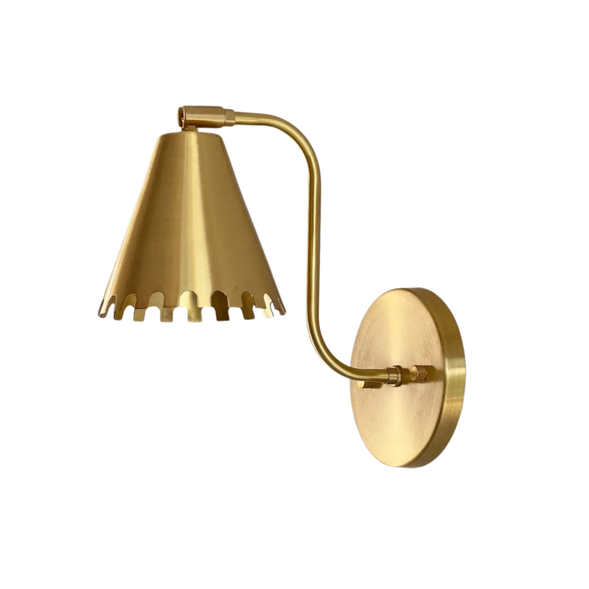 Side angled view of Milan brass wall sconce featuring scalloped cone metal shade – Model 32756