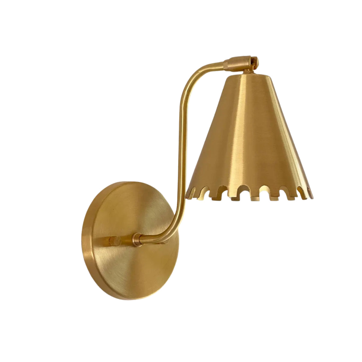 Angled view of Milan scalloped cone brass wall sconce with round mounting plate – Model 32756