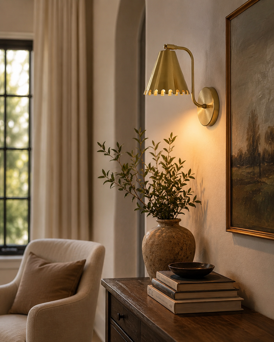 Milan scalloped cone brass wall sconce installed in a warm modern living room interior – Model 32756