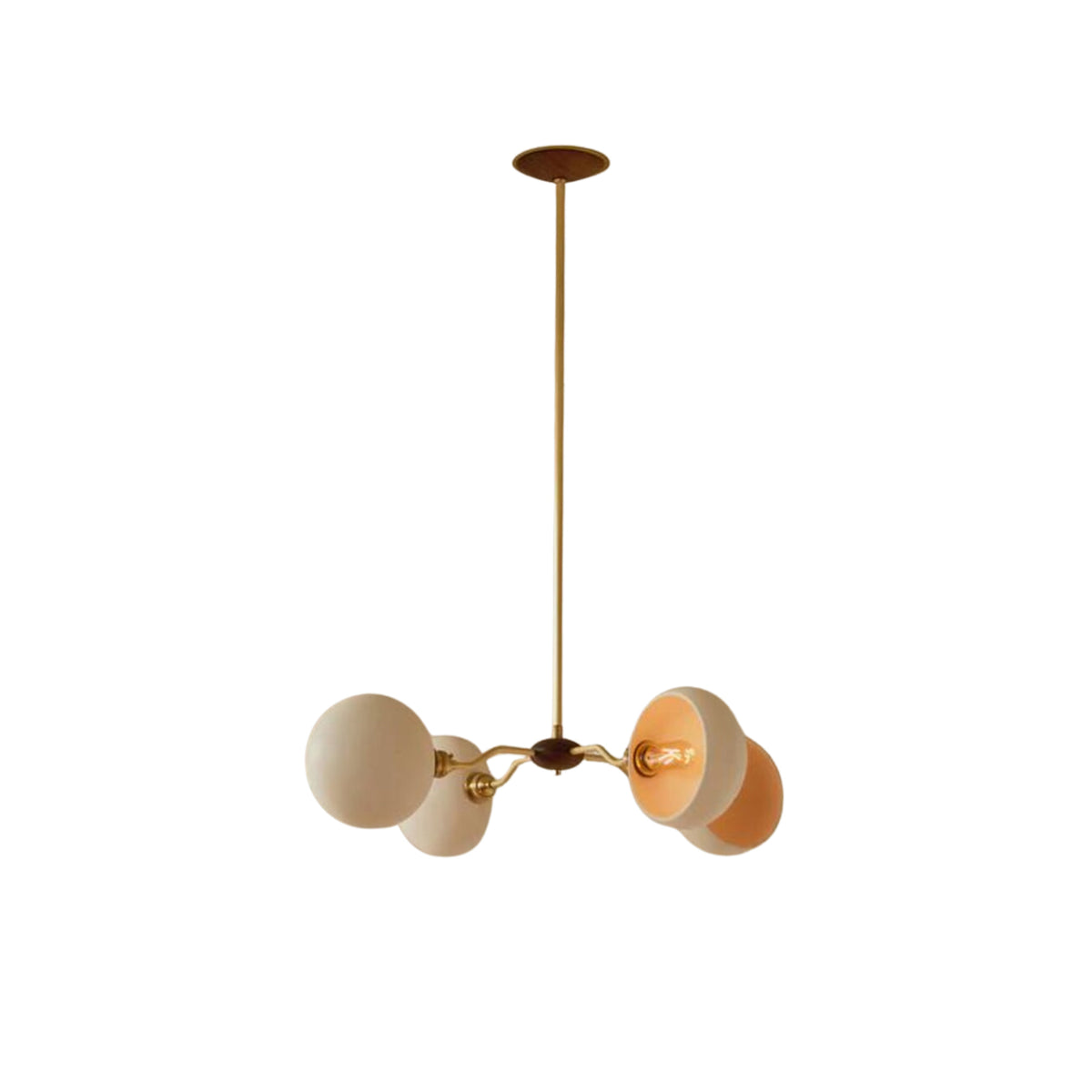 Milan 4-light sculptural dome chandelier with brass frame and cream dome shades – angled view.