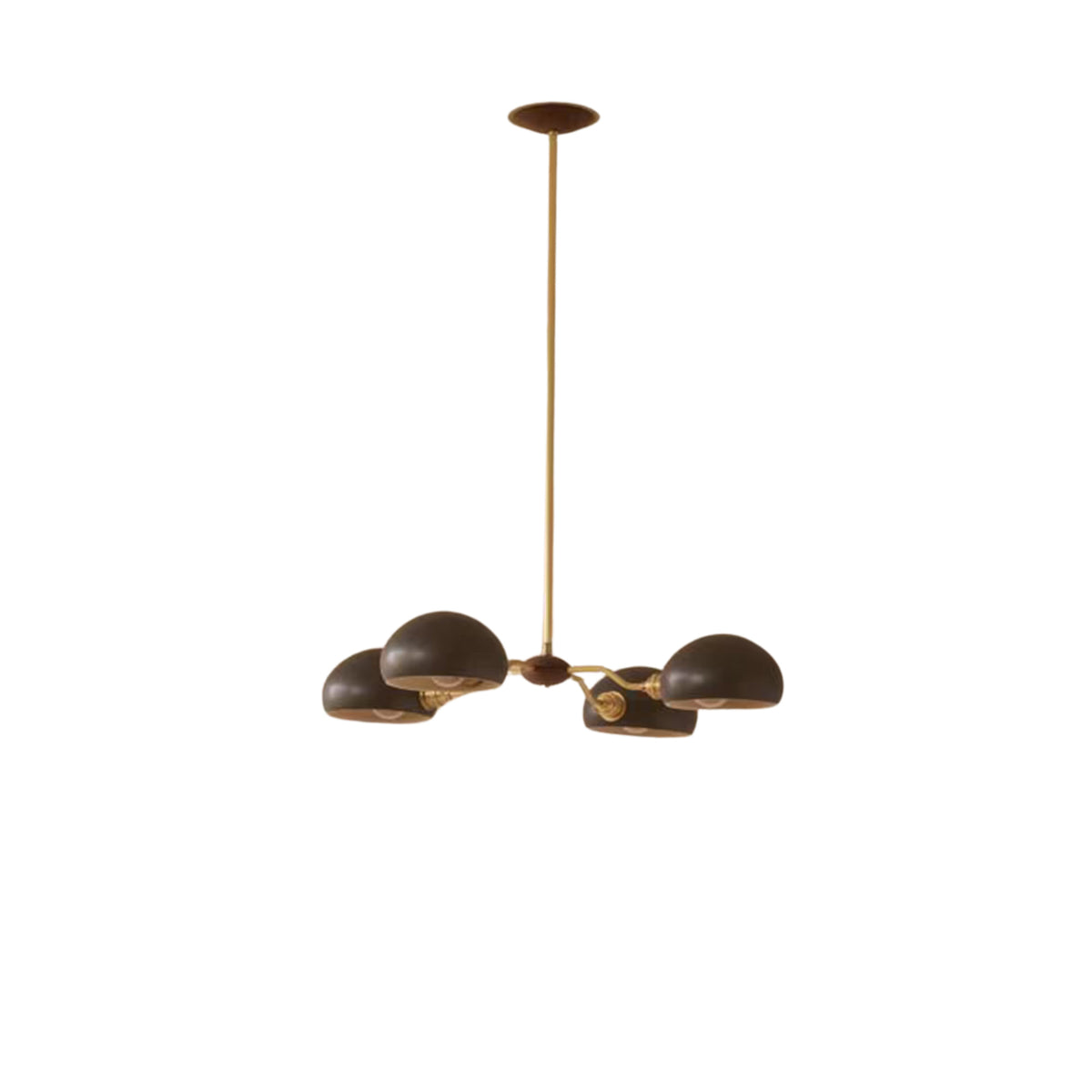 Milan 4-light Mid-Century Modern chandelier with dark dome shades and brass details – alternate finish view.