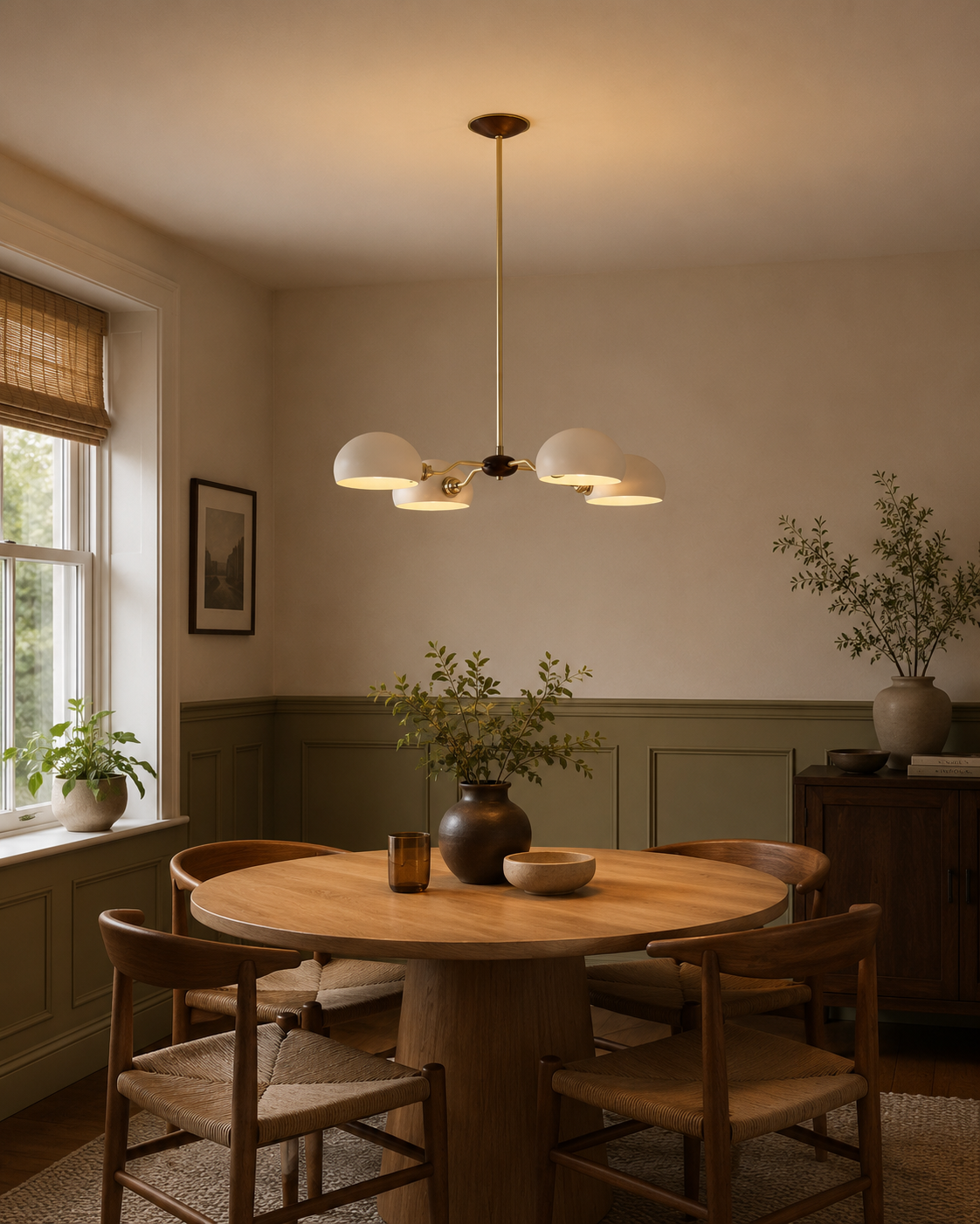Milan 4-light sculptural dome chandelier installed above a round dining table in a warm Mid-Century Modern dining room.