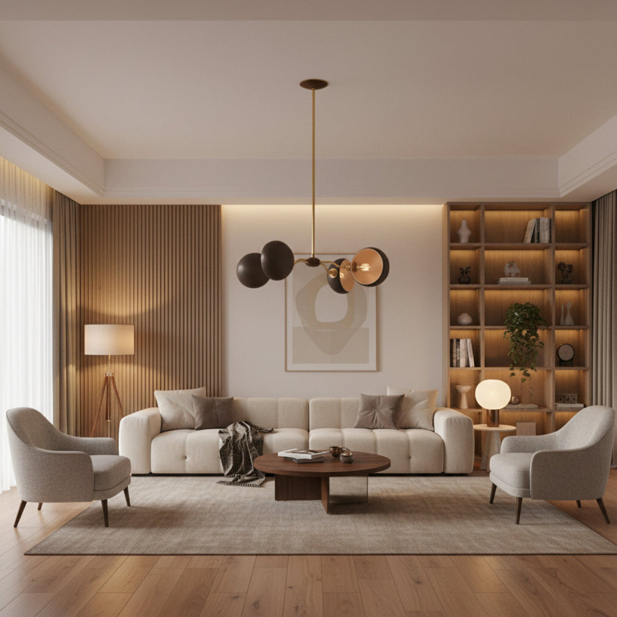 Milan Sculptural Dome Chandelier – 4 Light – Model 33169 with dark dome shades and illuminated bulb.