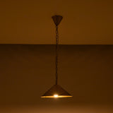 Minimal brass cone ceiling light with chain suspension designed for hallway, kitchen, dining, and bedroom spaces