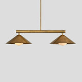 Minimalist 2-light brass chandelier with geometric cone shades, ideal for contemporary dining areas, offices, and cafes.