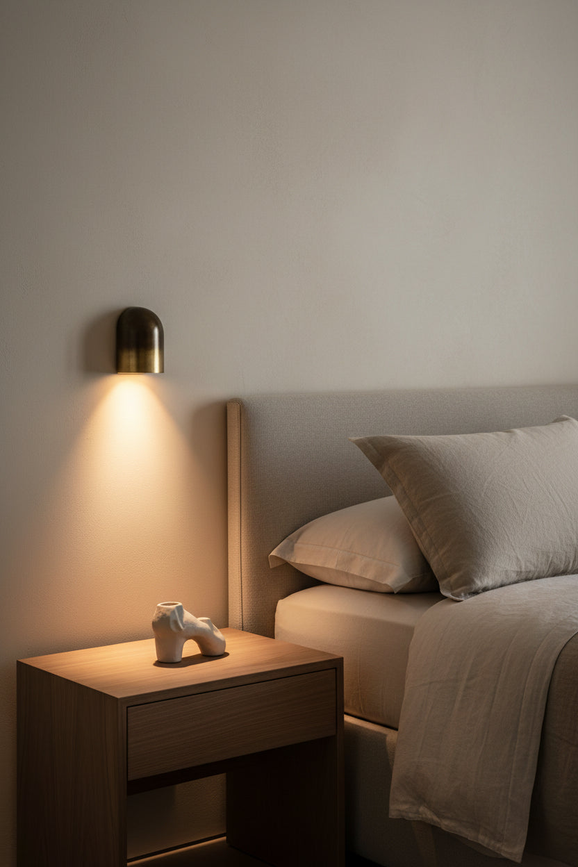 Minimalist brass bedside sconce with compact dome profile and warm downward reading or accent light