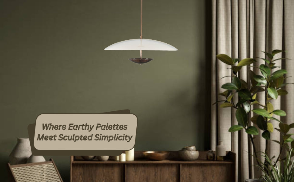 Minimalist brass pendant lamp styled in an earthy-toned interior, blending sculpted simplicity with warm ambient lighting for elegant living spaces.
