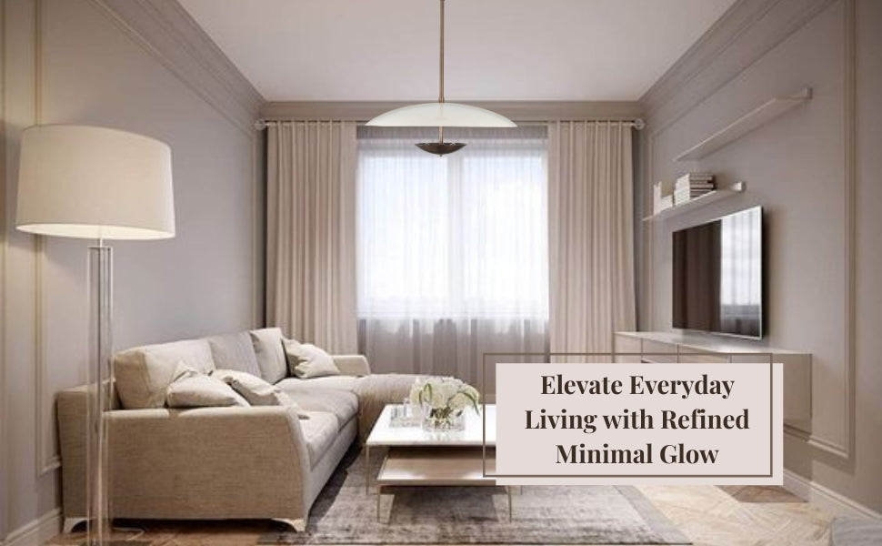 Minimalist brass pendant light styled in a contemporary living room, offering a refined ambient glow that complements neutral interiors.