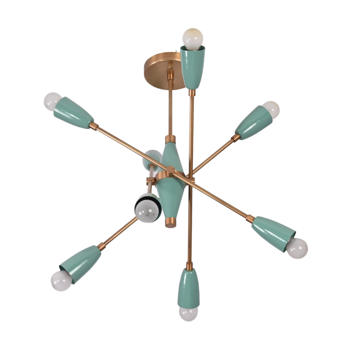 Mint green 7-light Sputnik chandelier made with solid brass structure and warm glowing bulbs for modern ceiling lighting