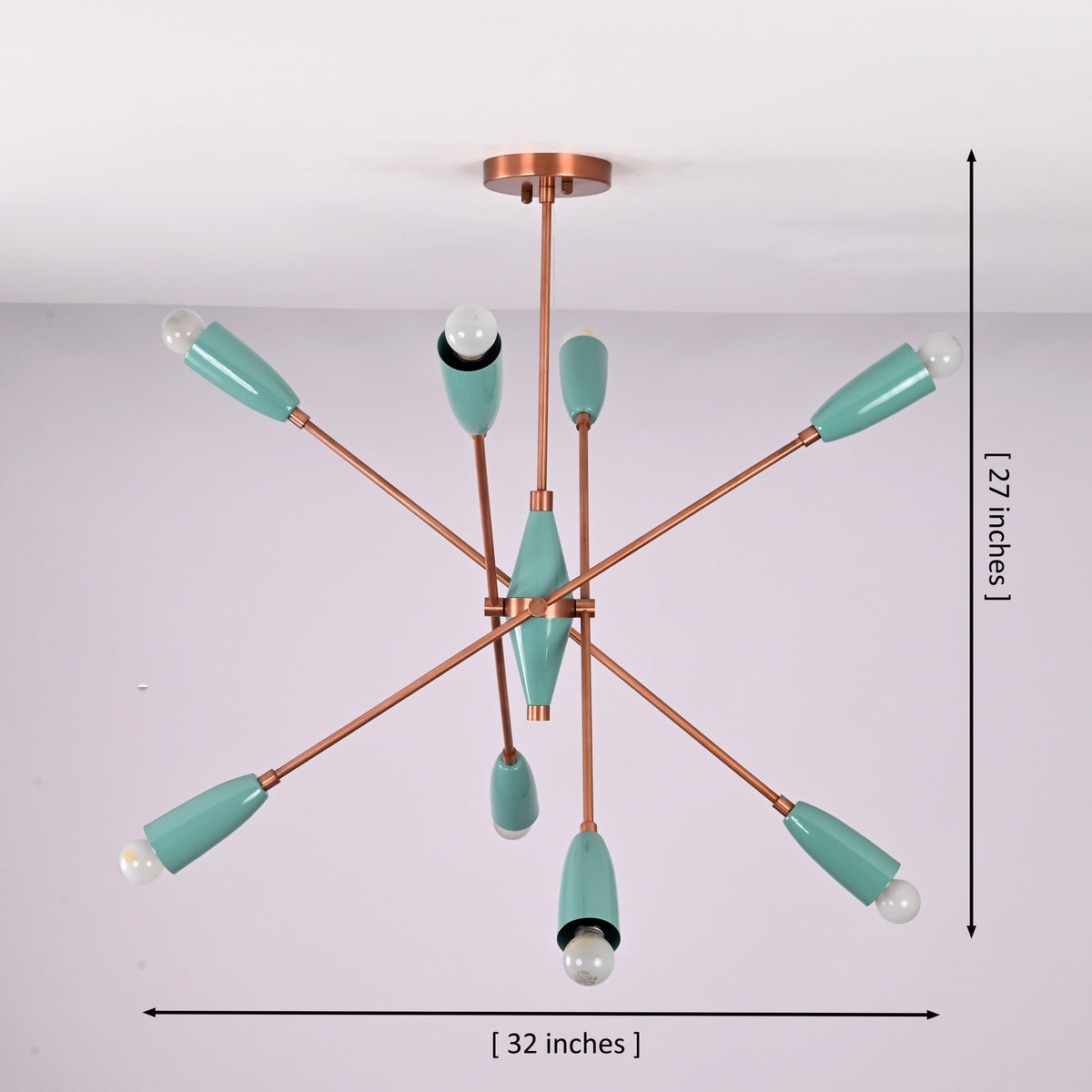 Mint green 8 light brass chandelier showing 32 inch width and 27 inch height with mid century sputnik design.