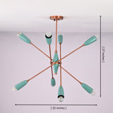 Mint green 8 light brass chandelier showing 32 inch width and 27 inch height with mid century sputnik design.
