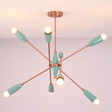 Front view of mint green 8 light sputnik ceiling light with brass arms and glowing bulbs.