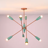 Bottom view of mint green brass chandelier highlighting radial arm layout and warm light distribution.
