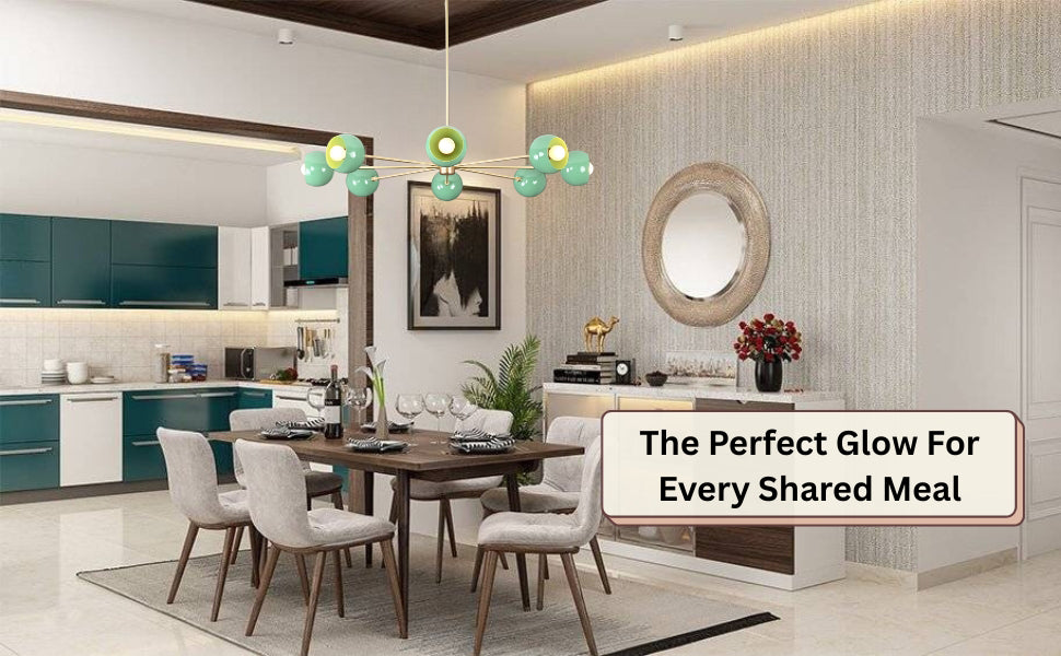 Modern mint green chandelier above dining table in contemporary kitchen