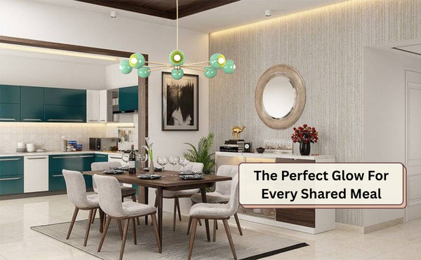 Modern mint green chandelier above dining table in contemporary kitchen