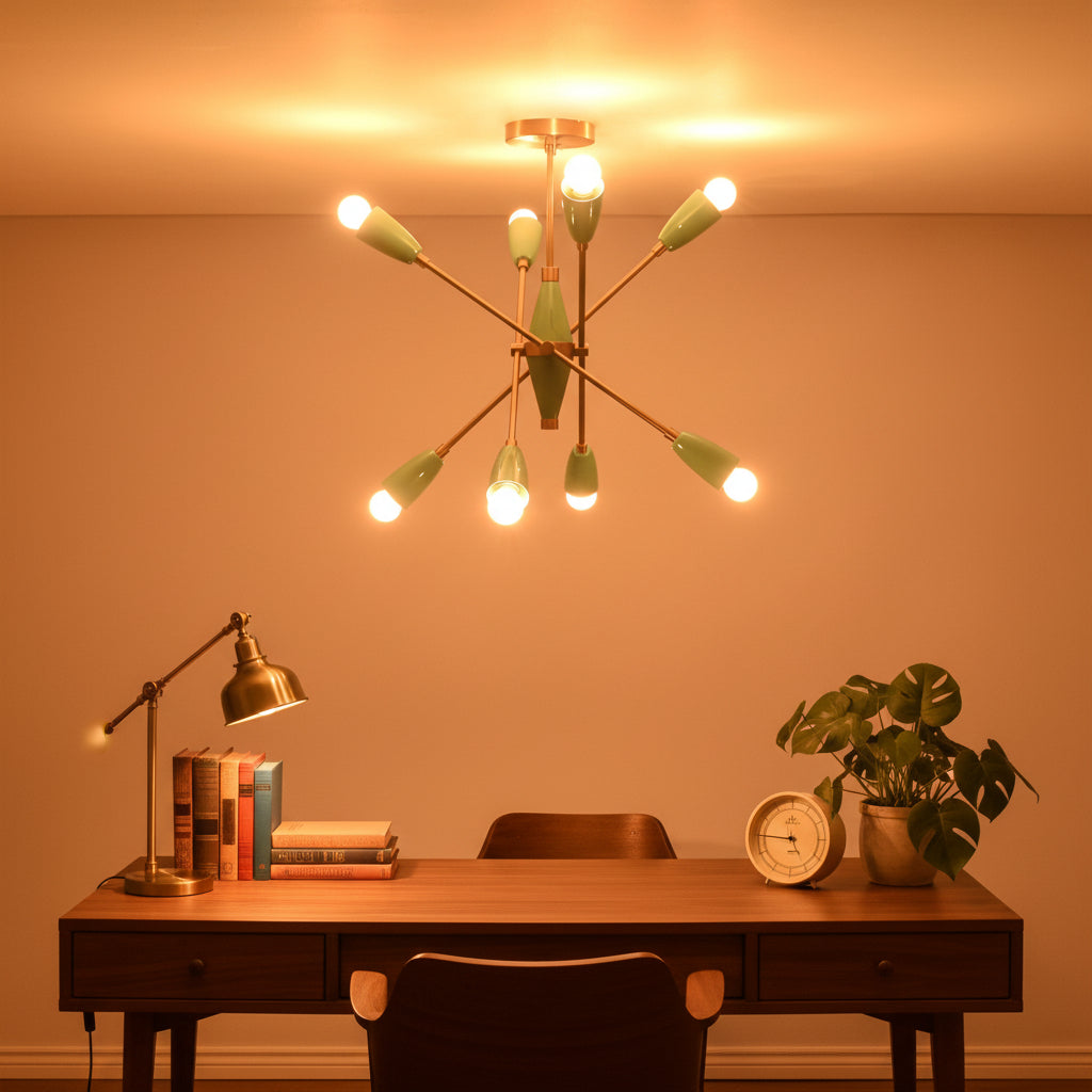 Mint green brass chandelier shown illuminated with warm upward, downward, and outward light spread