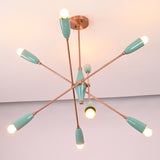 Angled view of mint green brass sputnik chandelier with eight lights creating warm ambient illumination.