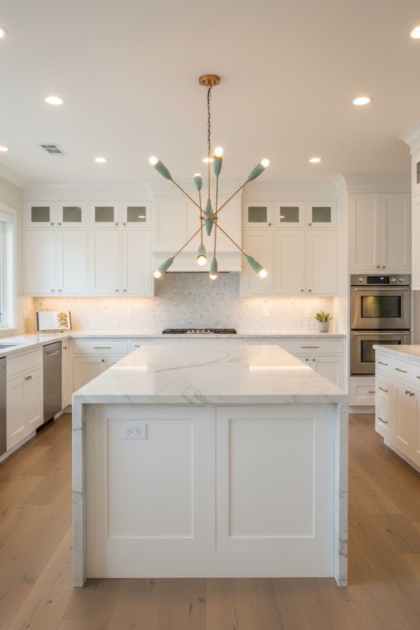 Mint green and brass tone chandelier on white background with eight angled lamp holders and ceiling chain detail